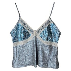 Secret Treasures XL 16 18 Babydoll Camisole Top Blue Satin Print Lace Trim Y2K‎